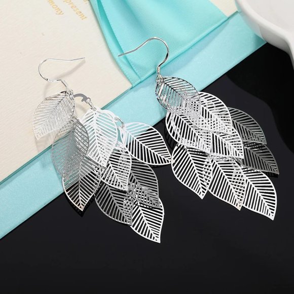 Gorgeous Hanging Leaf's .925 Sterling Silver 3 Inch Hypoallergenic Hook Earrings - Picture 5 of 7